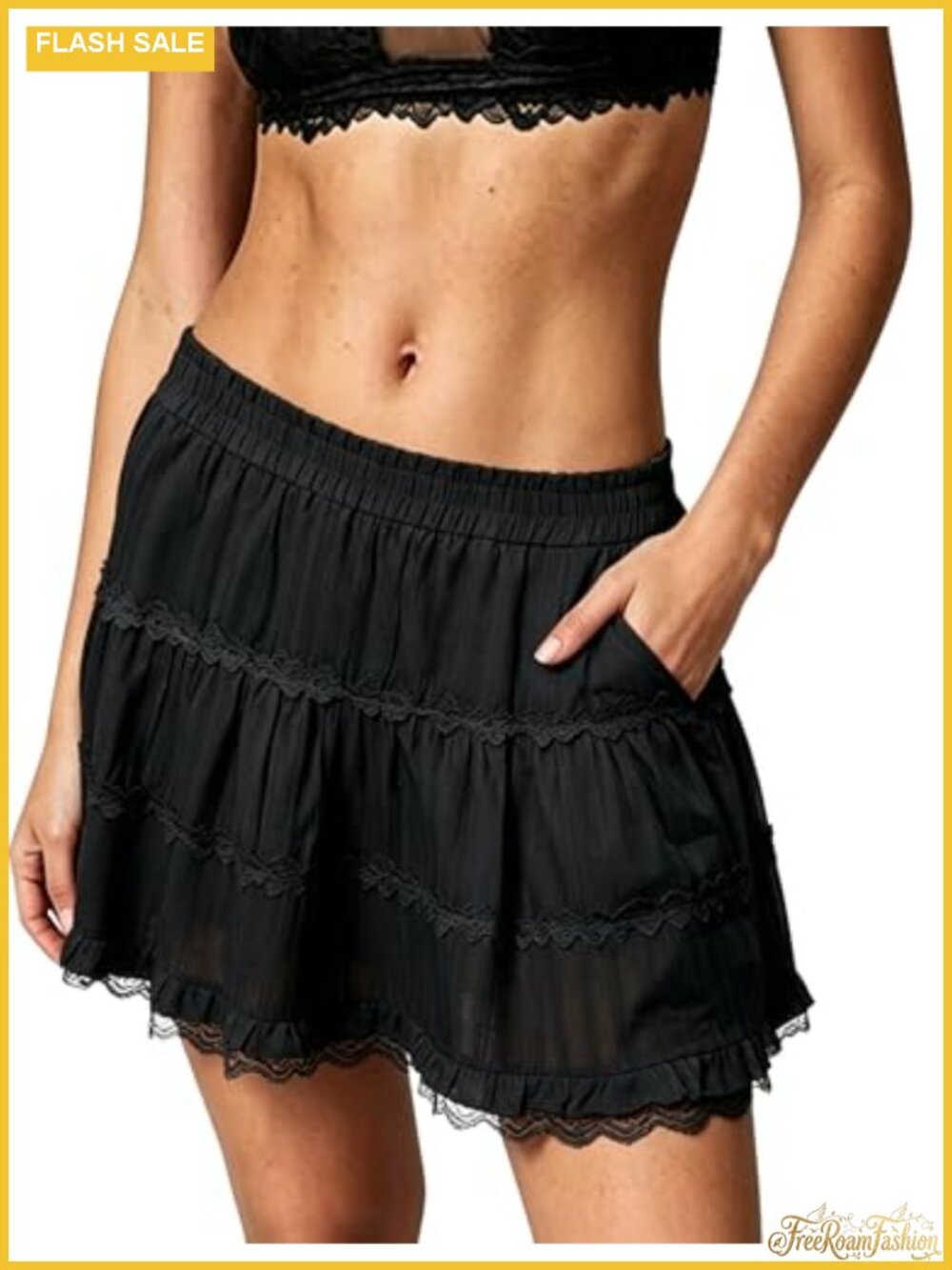 Cotton Mini Skort with Built-in Shorts Lace Ruffle Tiered Skirt with Pockets